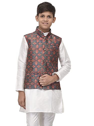 Image of Benstoke Boys Silk Blend Dark Green & Orange Printed Nehru Jacket