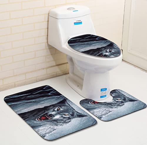3 Teilig Badematte Set Dunkelgrauer Wolf 4 3D Badematten Set rutschfest, Badezimmerteppich,U-förmiger WC-Vorleger,WC…