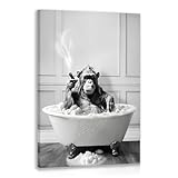 IAFWZX Framed Funny Bathroom Wall Art, Black and White Chimpanzee in Bathtub Wall Decor, Cute Animal Wrapped Canvas Painting, Humor Gorilla Toilet Poster Print for Restroom Guest Bedroom 12'x16'