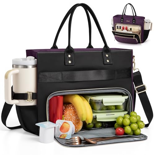Image of LOVEVOOK Insulated Lunch Tote Bag for Women, Large Capacity Work Bag with Laptop Compartment & Cup Holder, Water Resistant Nurse Tote for Office, Leakproof Crossbody Handbag, 15.6 Inch Black-Purple