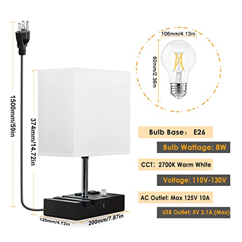 Evistr Fully Dimmable Table Lamp For Bedroom Dual Usb Port Bedside Lamp For Nightstand Desk Lamps With Charging Station 2 Power Outlets, Fabric Lampshade Led Bulb Included (Black/White) #TOP6