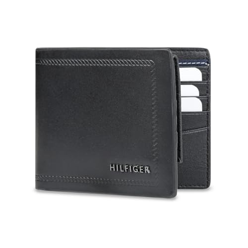 Image of Tommy Hilfiger Men's Leather Wallet Pelotas | Solid Black Passcase Bi-Fold with 12 Card Slots, Coin Pocket | Stylish Purse for Gents