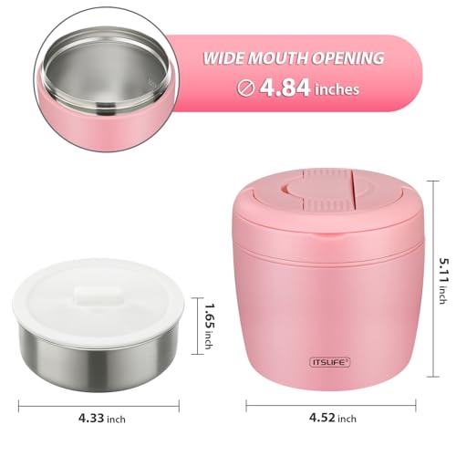 Image of Itslife 32oz Insulated Soup Thermo, Vacuum Stainless Steel Food Jar for Hot & Cold Food, Leakproof Wide Mouth Lunch Container with Spoon (Light Pink)