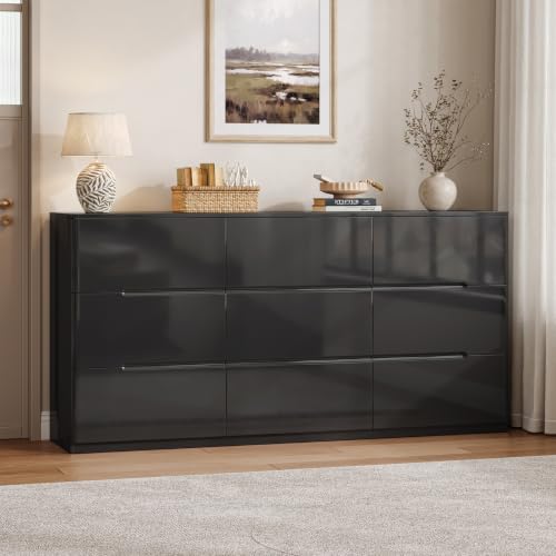 Image of Black Dresser for Bedroom, 60.2 inch Wide 9 Drawer Dresser, Modern High Gloss Dresser Chest of Drawers, Wooden Dressers Organizer for Bedroom, Closet