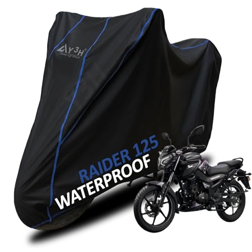 Image of Bike Body Cover TVS Raider 125 Full Body Cover with Waterproof, Dust Proof, UV Rays Protective, Tripple Stitching & Lightweight Two Wheeler Covers - Black with Waterproof Blue Piping