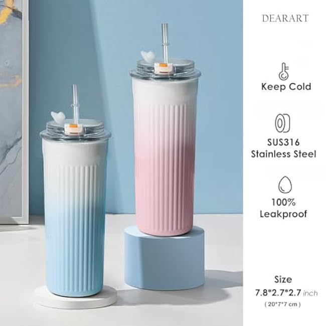 DEARART Insulated Tumbler with Wave Shaped Bottles, Pink Vacuum Stainless Steel Bottle Straw, 100% Leakproof Coffee Keep Cold/Hot Bottles, Suitable for Home, Office, Travel, 16oz (500ml)
