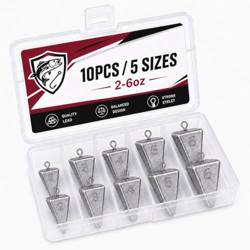 WINLLINGAL Pyramid Sinkers Fishing Weights 10pcs 5 Sizes 2oz 3oz 4oz 5oz 6oz Saltwater Fishing Sinkers for Surf Fishing Beach Pier Shore and Bottom Fishing Rigs