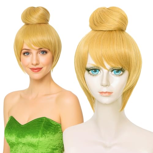 Probeauty Blonde Wig for Cosplay Short Golden Wigs for Women Girls Halloween Costume Party Fluffy Synthetic Wigs with Buns + Wig Cap