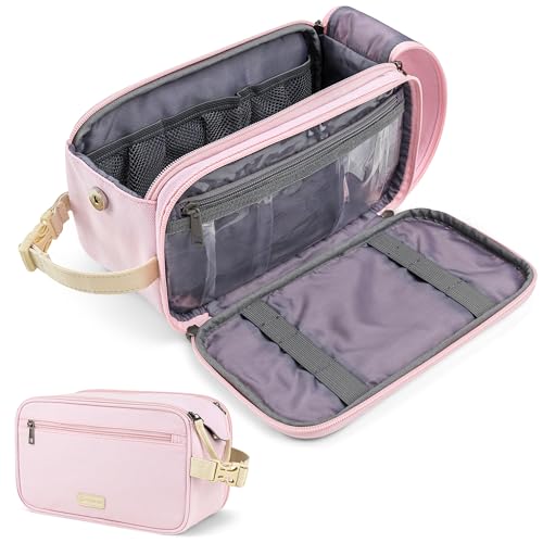 PAVILIA Toiletry Bag for Women, Canvas Dopp Kit, Travel Essentials Organizer, Water-Resistant Shaving, Grooming Kit, Large Hanging Bathroom Accessories Cosmetic Bag, Pink by PAVILIA - Used condition - US$14.30