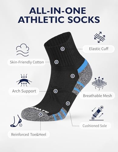 Image of CLOSEMATE 6 Pairs Mens Athletic Ankle Socks Cushioned Running Quarter Socks