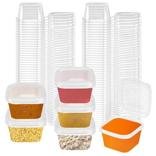 ADERTOS 100 PCS Sauce Pots with Lids, 25ml/1oz Hinged Sauce Cups Square Food Container Pots Clear Small Deli Pot Reusable Jelly Shot Cups Plastic Leakproof Food Cups Takeaways Containers for Chutney