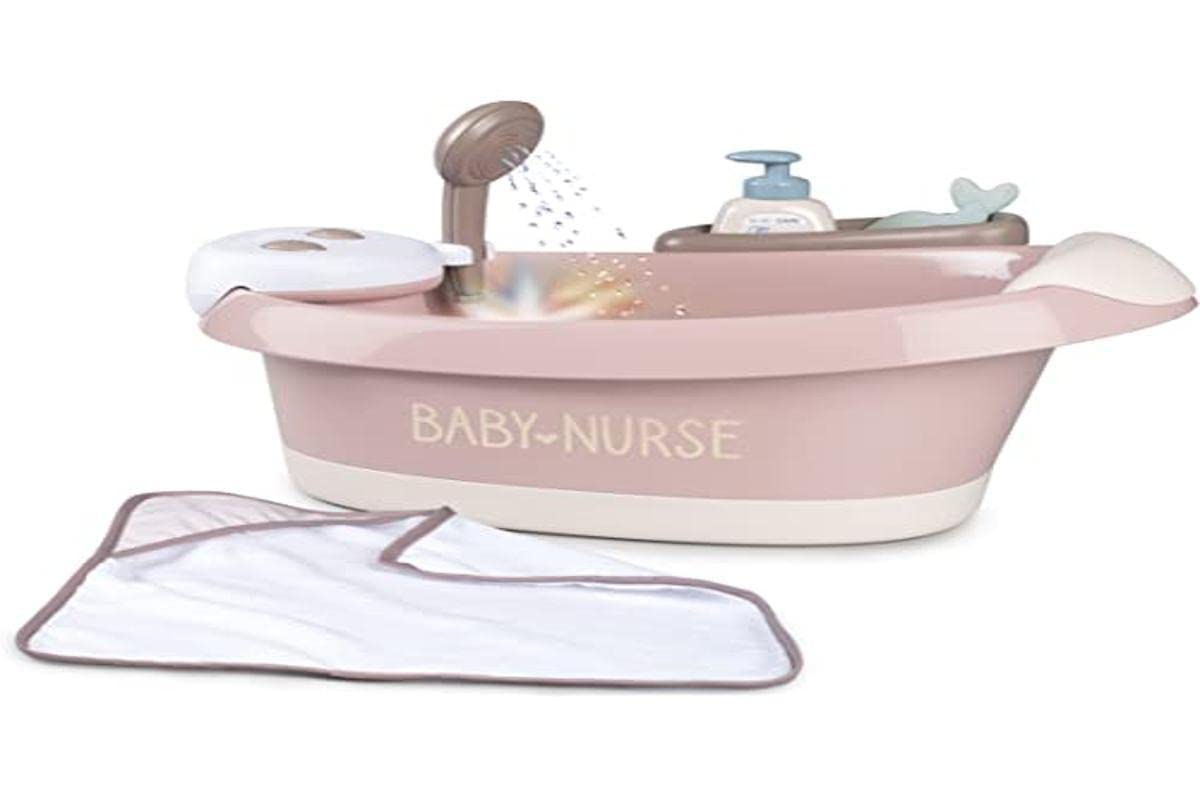 Smoby Baby Nurse- Bañera para Muñecos, Con Ducha Electrónica, Función de Burbujas con Luz y Accesorios, Para muñecos bebé de hasta 42 cm (no incluido). Pilas no incluidas. A partir de 3 años