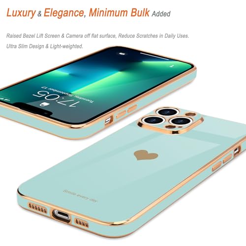 Teageo iPhone 13 Pro Max ケース対応 少女の 可愛い 愛心の形 メッキ加工保護ケース 薄型 TPU ワイヤレス充電対応 傷に強い 耐衝撃 落下防止 電話カバー 適用 iPhone 13 Pro Max スマホケース（ジュエリーグリーン）