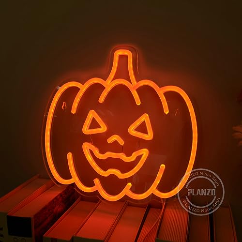 Image of Planzo Pumpkin Neon Sign Halloween Night Lights Wall Decoration Fall Harvest Lamp for Bar Kid Game Room Man Cave Bedroom Living Room Kitchen Spooky Halloween Christmas Gift Orange 5V USB Indoors