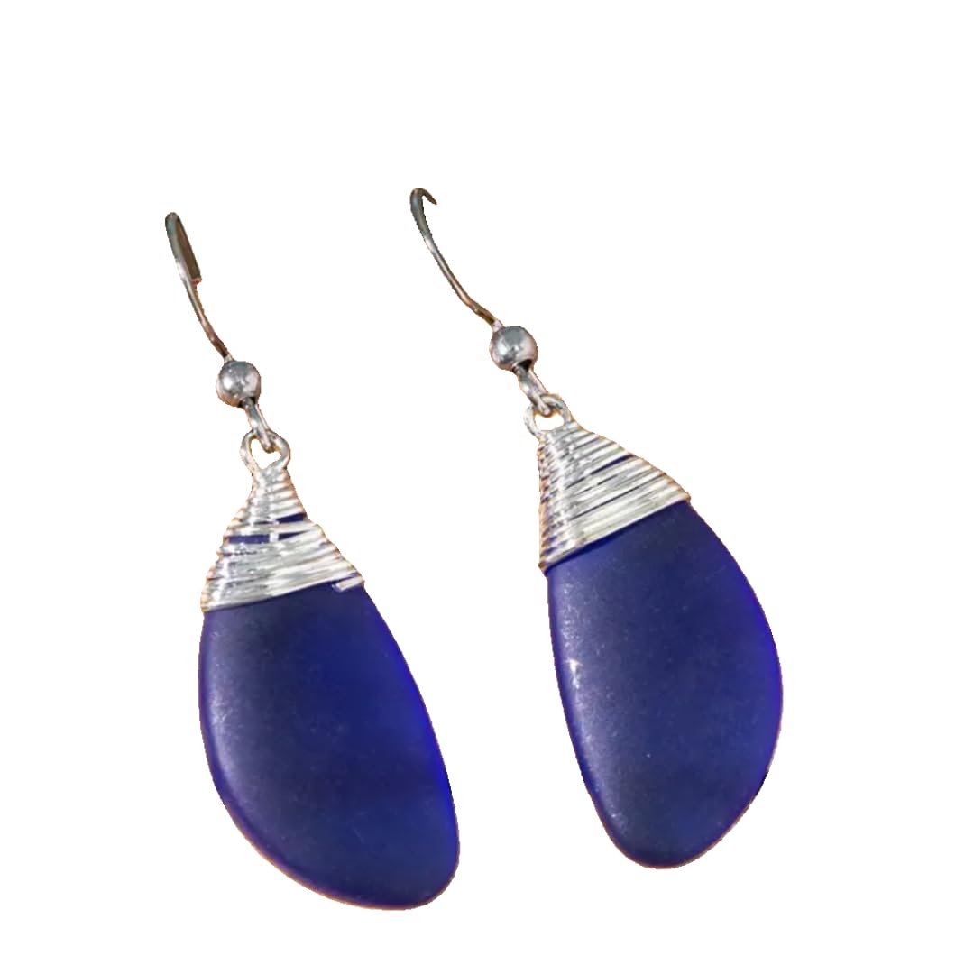 Caribbean Lux Handcrafted Sea Glass Teardrop Earrings – Vibrant Deep Royal Blue Sea Glass with Elegant Silver-Toned Hooks