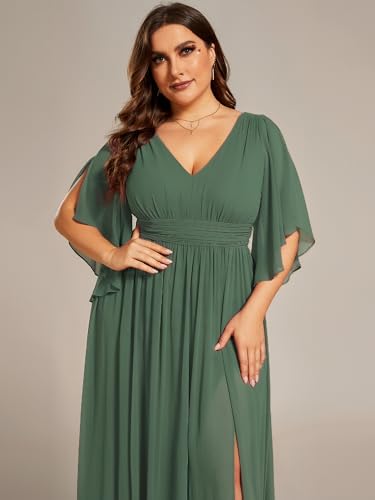 Image of Ever-Pretty Plus Women's Plus Size V Neck Half Sleeves Slit A Line Floor Length Bridesmaid Dress 01886-DA