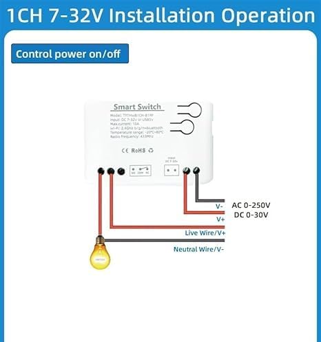 Installation operation diagram for 1CH 7-32V Smart Switch controlling a light bulb
