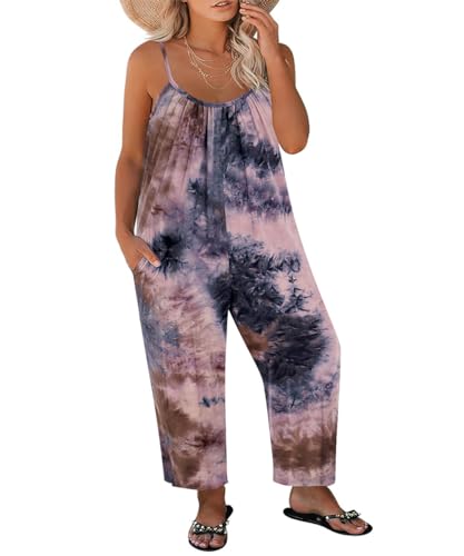 RITERA Jumpsuits For Women Plus Size Wide Leg Overalls Wide Leg Romper For Women Spaghetti Strap Outfit Summer Loose Fit Baggy Pocket Brown Kahki Tye Dye...