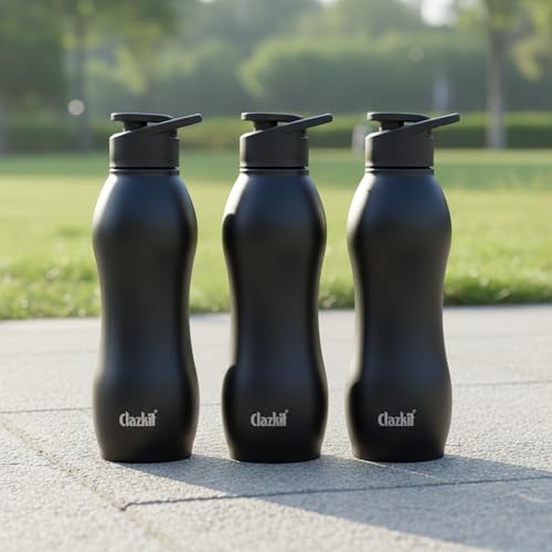Image of Clazkit Platina Stainless Steel Black Matte Finish Water Bottle Set of 3|ISI Certified | Leakproof, Rust-Free, BPA-Free, Durable for Fridge, Sports, Gym, Yoga & Office- Easy to Clean & Reusable-1000ml