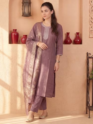Image of INDO ERA Women's Viscose Self Design Straight Kurta with Pant & Dupatta Set