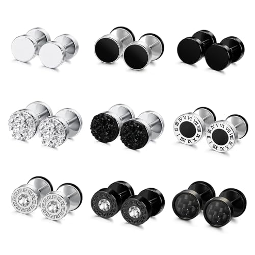 Uwiyo 6-10 Paar Schwarz Silber Ohrstecker für Herren Männer, Edelstahl Hypoallergen Flach Ohrringe Kreis Ohrstecker Fake Plug Tunnel Piercing Hantel Ohr Piercing für Männer Frauen (Mix-9 Paare)