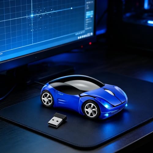 Blue Cute Wireless,2.4G with USB Reciver 1600DPI Car for Computer Laptop Tablet for for OS for （Blue） Gift for — view 4