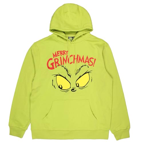 Suéter com capuz masculino Dr Seuss Grinch Merry Grinchmas com estampa gráfica grande e olhos brilha