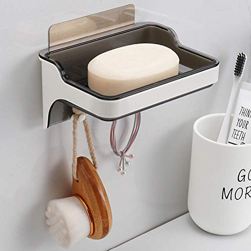 Image of KKD Plastic Self Adhesive Soap Holder Stand /Dish with Hanging Hooks - Wall Mounted, Bathroom Accessories /Organizer