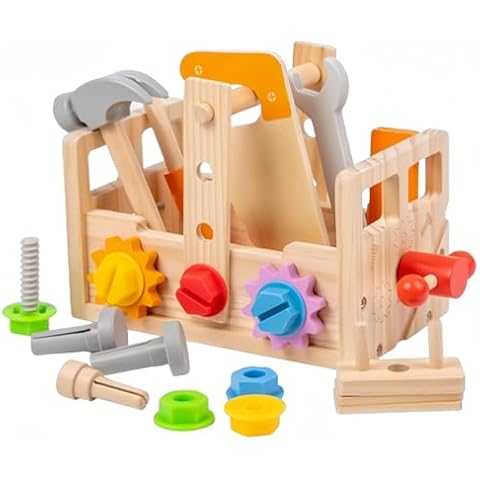 Montessori Wooden 2-4 Years Toddler Tool Set for 2 3 4 5 6 Years, Educational STEM Building Learning Toddler Tool Box, Wooden Toddler Tool Table Cover