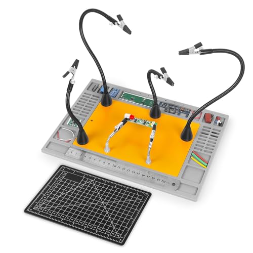 Tercera mano magnética - Ayuda de soldadura profesional con base pesada, 6 brazos articulados, alfombrilla antitérmica de silicona - Kit completo para electrónica y ocio creativo (matriz de corte y
