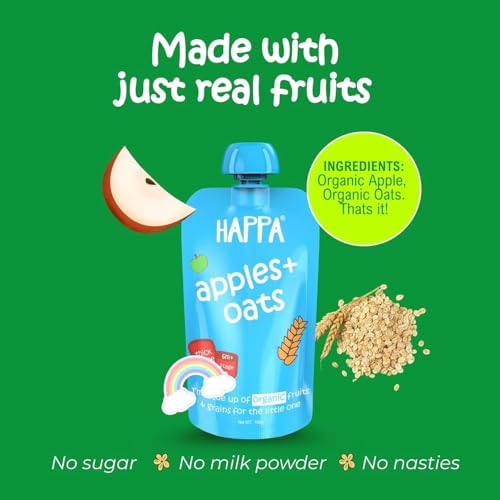 Image of Happa Organic Baby Food Apple and Oats Puree | 100% Fruits and Oats | No Added Sugar, No Milk Powder, No Preservatives | Stage 2 (6 Months+) | Ready to Eat | Free from Common Allergens | Pack of 6 (100g Each)