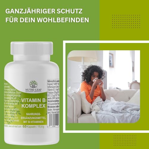 Vitamin B Komplex hochdosiert mit B12 B6 Folsäure B1 und allen 8 B Vitaminen für Energie Nerven geistige Leistung ohne unnötige Zusatzstoffe Kapseln Made in Germany von NUTRI LEAF
