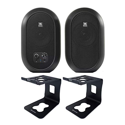 JBL 104-BT Desktop Professional Reference Monitors Pair with Bluetooth (Black) with Aluminum Speaker Stands Bundle (2 Items)