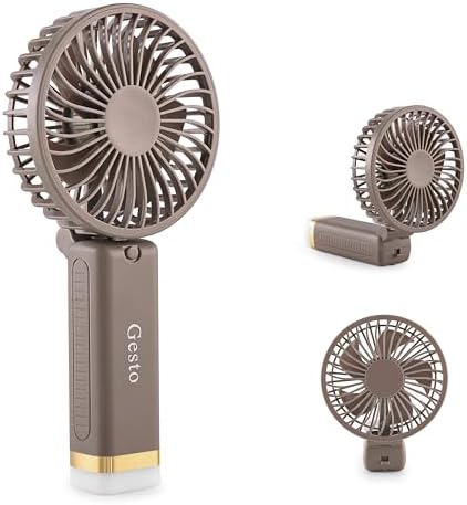 Gesto Portable Fan Rechargeable with LED Light – Foldable Mini Fan, Small Fan,USB Charging Hand Fan with 1200mAh Battery & 3 Speed Modes | Travel, Makeup, Kitchen,Women’s Personal Pankhaa - Grey