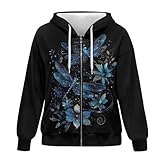 Showudesigns Dragonfly Zip Up Hoodie for Women Hooded Jackets Y2K Long Sleeve Sweatshirts Flower Hoodies with Zipper Lightweight Pullover Tops Casual Sweater Cardigans Plus Size XL