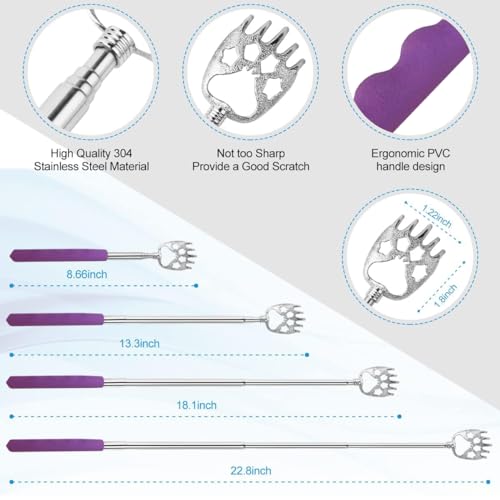 Image of Yeipis 4 Pack Different Back Scratcher Metal Portable Telescoping Tool with Beautiful Box, Extendable Back Massager with Rubber Handles, Gifts for Men Women Kids Adults (Purple)