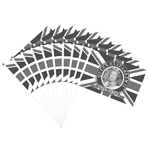Jayehoze Queen Elizabeth II Handflagge,10 Stück Salute to The Queen of England Handflagge | Black White Queen's Platinum Jubilee 2022 Union Jack Handflaggen für den Innen- und Außenbereich Cover