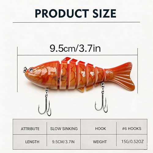 Image of Multi Jointed Swimbait Hard Lure, 3.7in Slow Sinking Fishing Lures with Realistic S-Shaped Swimming Action, Built-in Gravity Transfer System & #6 Treble Hooks for Bass, Trout, Pike, Topwater Lure