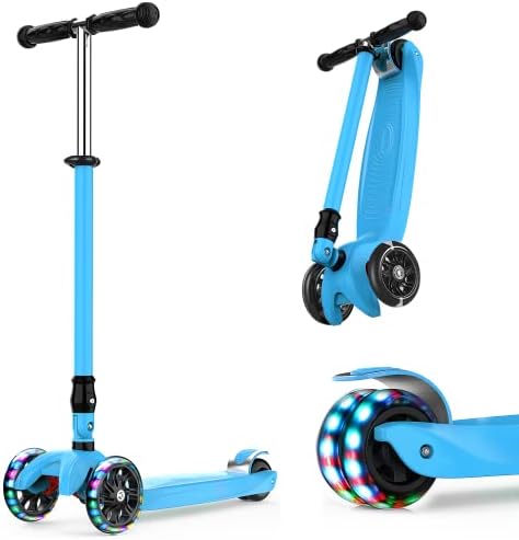 IMMEK Kick Scooter for Kids 3 Wheels Folding Ages 3-12 Years Old Toddler with Three LED Light Wheel, Adjustable Height, Rear Brake, Outdoor Activities for Boys/Girls Maximum Weight 110 lb (Blue)