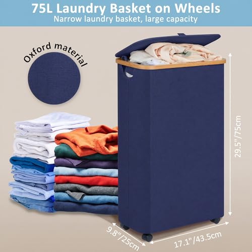 Image of efluky Slim Laundry Hamper with Wheels, Narrow Laundry Basket with Lid and Removable Bag, Aesthetic Dirty Clothes Hamper on Wheels for Laundry Room, Bedroom, Dorm and Bathroom, 75L Beige