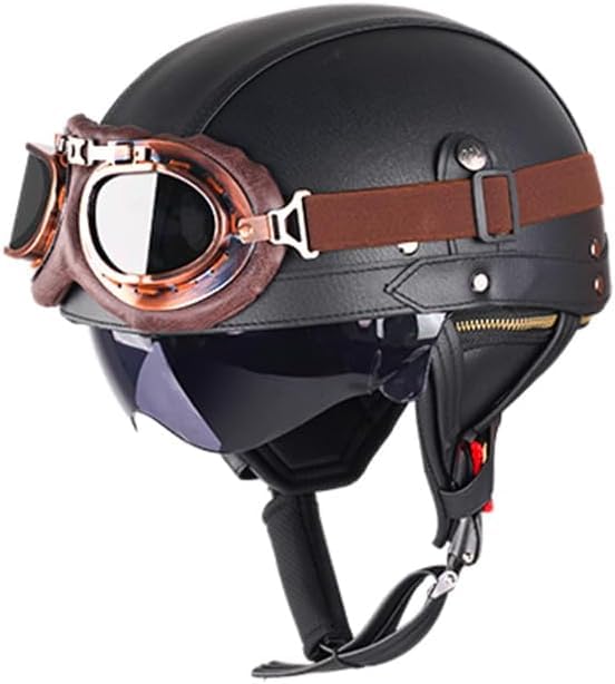 Retro Helm Motorradhelm Lederhelm Jethelme Vintage Mopedhelm Mit Brille ECE Zertifiziert Motorradkreuzer-Rollerhelm im Deutschen Stil (Eisenhaltig,M/57-58cm)