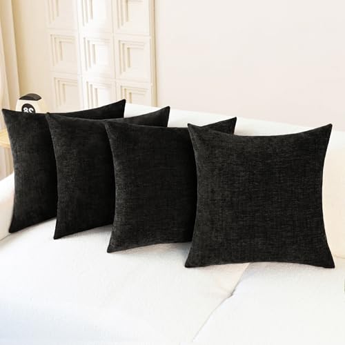 Image of CaliTime Throw Pillow Covers Decorative 18 X 18 Inches Pack of 4 Cozy Chenille Cushion Cases for Couch Sofa Bed Living Room Home Black
