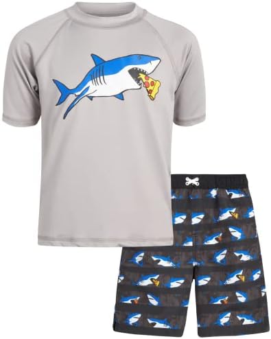 iXtreme Boys' Rash Guard Set - 2 Piece UPF 50+ Quick Dry Swim Shirt and Bathing Suit (12M-18), Size 8, Black/Grey Shark