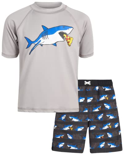 Ixtreme Boys' Rash Guard Set - 2 Piece Upf 50+ Quick Dry Swim Shirt And Bathing Suit (12M-18), Size 8, Black/Grey Shark #TOP2
