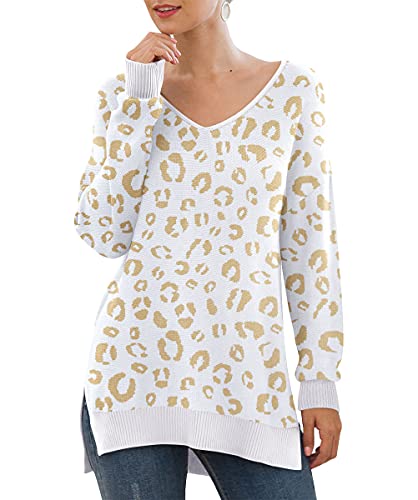 GRECERELLE Women's Fall and Winter Long Sleeve Side Split Loose Casual Pullover Tunic Tops FP Leopard White-Small