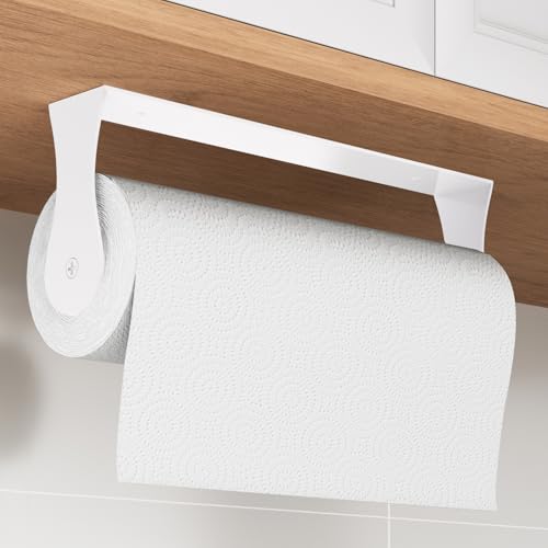 Image of Paper Towel Holder Under Cabinet, White Kitchen Accessories Decor, Wall Mount, White Paper Towel Holder for Bathroom, Stainless Steel, Adhesive or Screws