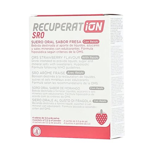 Suero Oral Natural en Polvo con Reishi y Prebiótico para Flora Intestinal - Inmunidad Digestiva Niños y Adultos - Sabor Fresa Sin Gluten Ni Lactosa - Pack 4 Sobres Apto Veganos | RECUPERATION