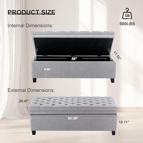 Image of 51 inch Storage Ottoman for Bedroom & Living Room, End of Bed Bench with Black Wooden Legs, Linen Upholstered Tufted Ottoman, Entryway Storage Bench, Light Grey