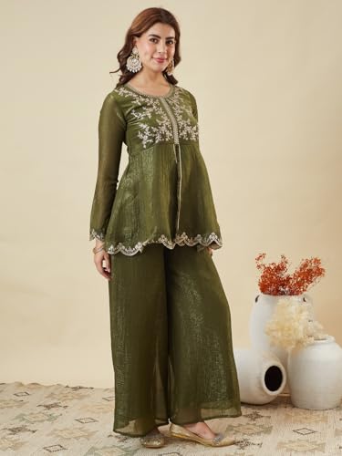 Image of MOKOSH Women's Silk Embroidered Peplum Kurta Sharara with Dupatta | Kurta Set | Ethnic Wear |Round Neck Full Sleeve Kurta | 3 Piece Outfit |Embroidered