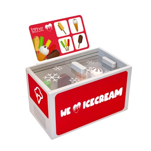 tanner DER KLEINE KAUFMANN TANNER Deco - Eistruhe aus Holz, mit verschiedenen Eissorten, Zubehör für Kaufmannsladen, lebensmittelechtes Design, 0935.4